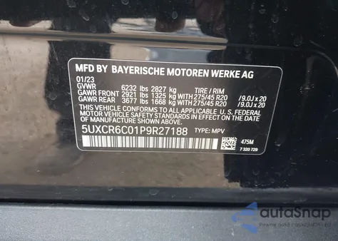 2023 BMW X5 xDrive40I из США, поврежденный, VIN 5UXCR6C01P9R27188